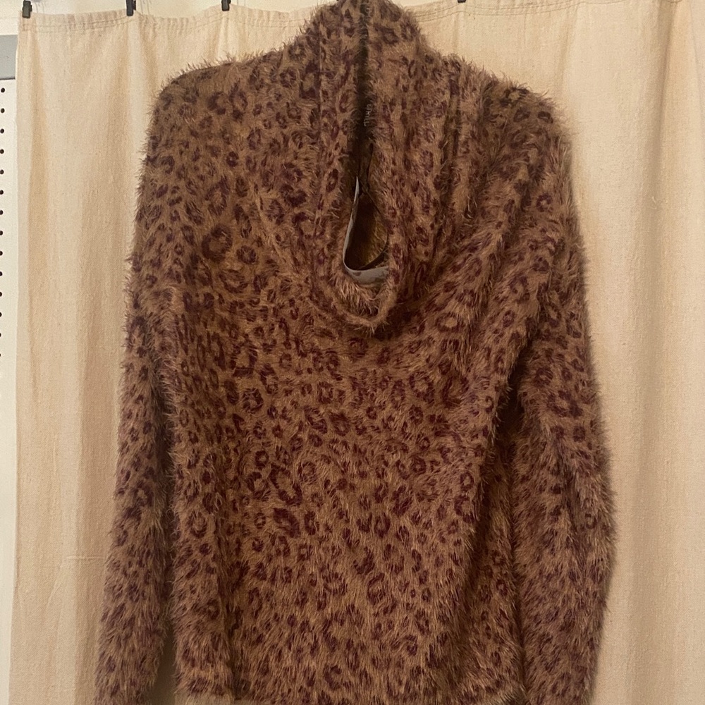 Fuzzy Leopard Print Cowl Neck Sweater